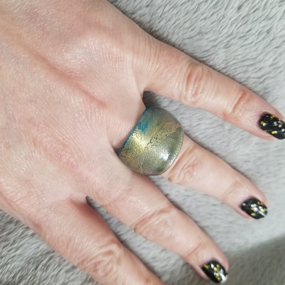 Aqua Blue Glass Ring with Gold Flecks, Size 7 - Picture 2 of 8